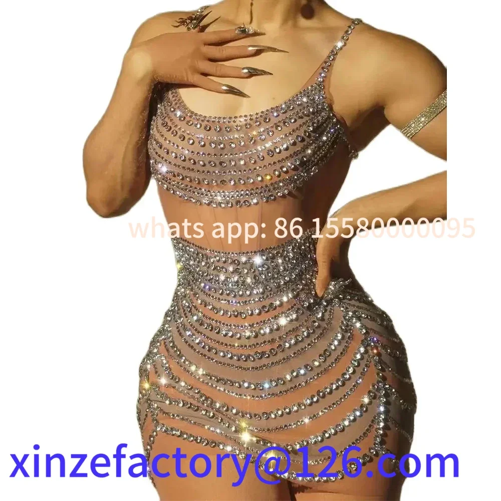 

Be suitable for Sparkly Rhinestones Sleeveless Short Dress Women Sexy Mesh See Through Party Celebrate Birthday Dress