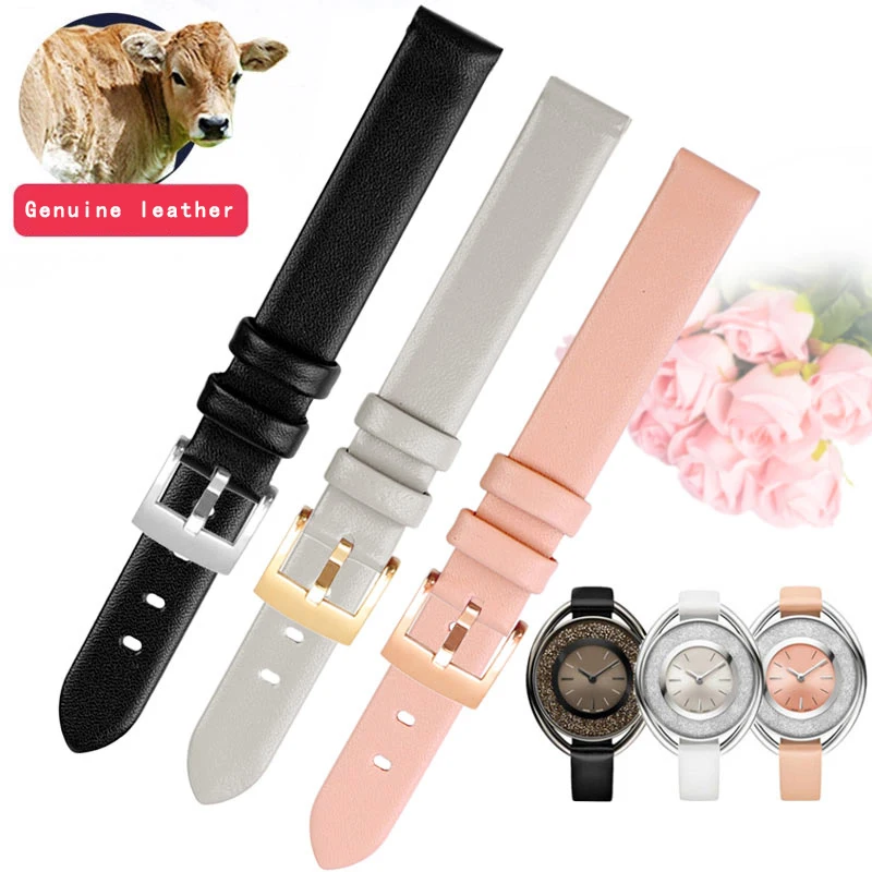 Soft cowhide Watch Strap For Swarovski Women 5158517/5158544/5158972 12mm 14mm female WatchBand Pin Pink /Grey/Black Accessories