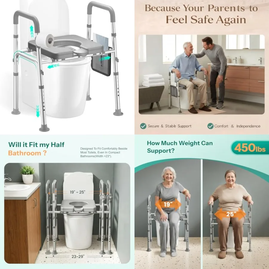Raised Toilet Seat Riser with Handles for Seniors, 450LBS Heavy-Duty 3in1 Chair for Disabled and Patients Reinforced Frame and