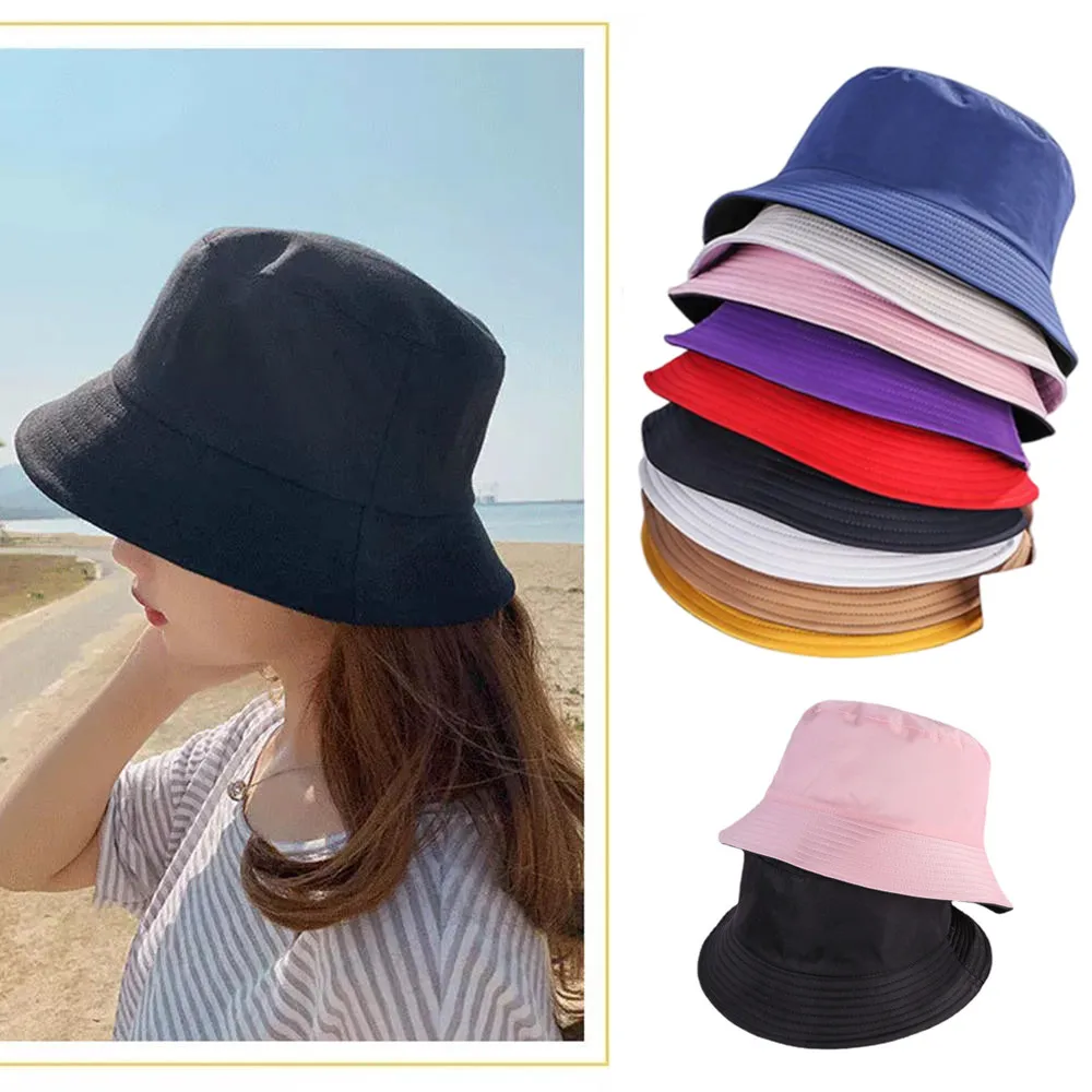 Summer Unisex Bucket Hat Women Cotton Double-Sided Foldable Bucket Hat Hip Hop Hat Fashion Solid Color Panama Beach Sun Cap New