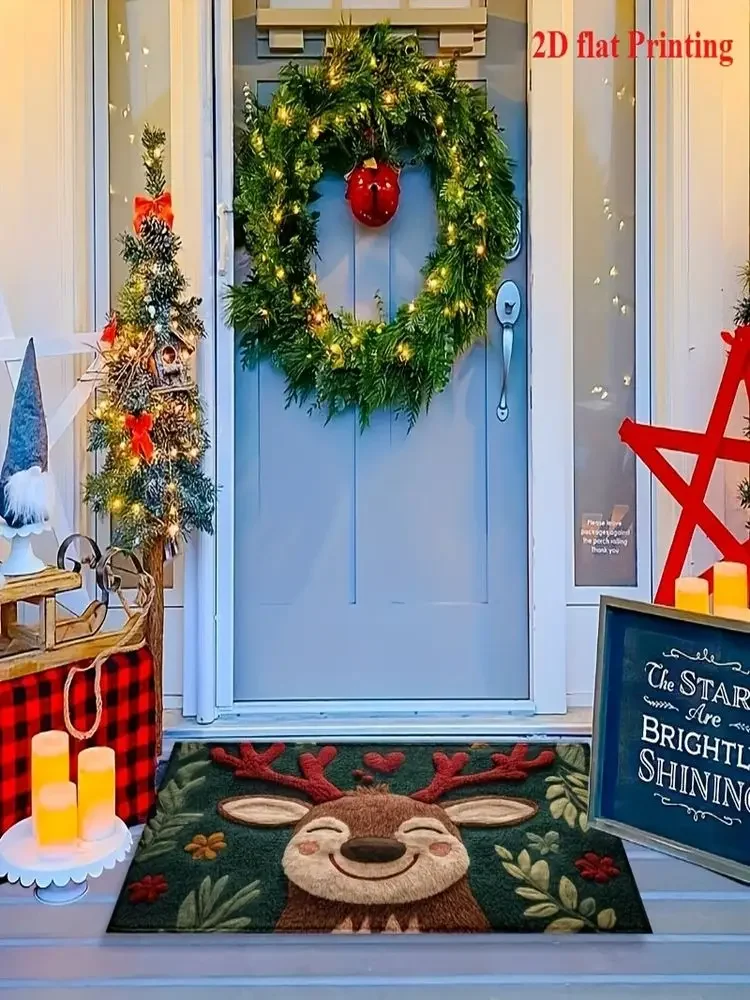 VIKAMA Niedliche Rentier-Weihnachts-Fußmatte, weich, rutschfest, für den Innen- und Außenbereich, saugfähige Badezimmermatte, Heimdekoration