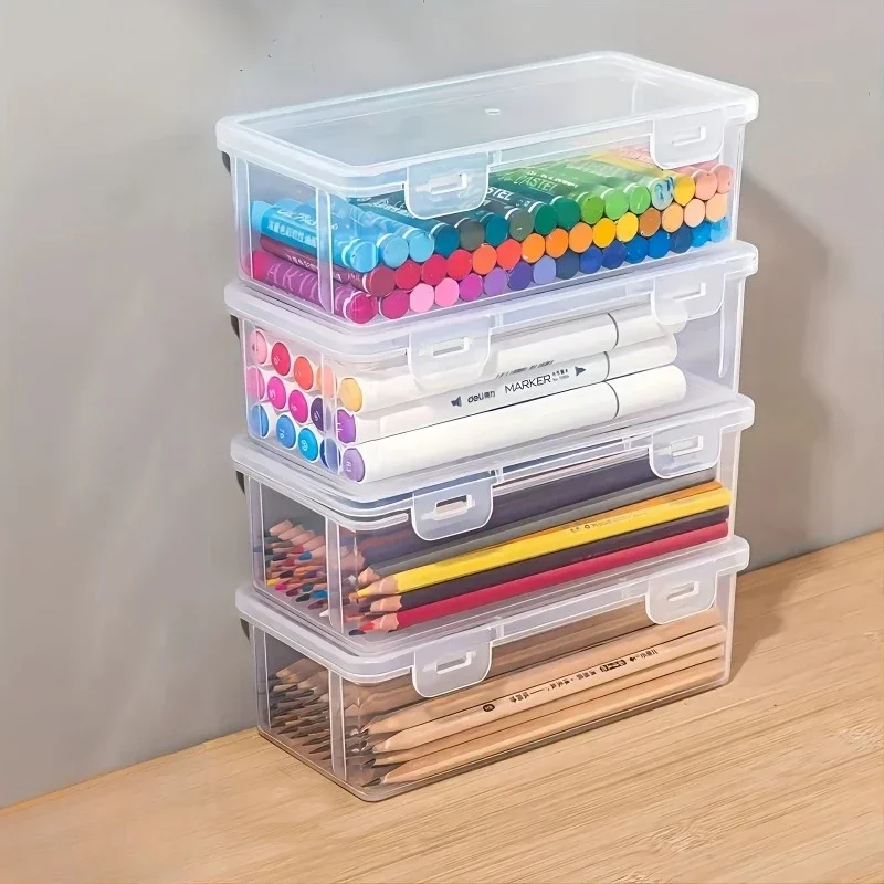 2 large-capacity transparent plastic pencil cases, portable tension-mounted storage boxes, for oil pastels and crayons