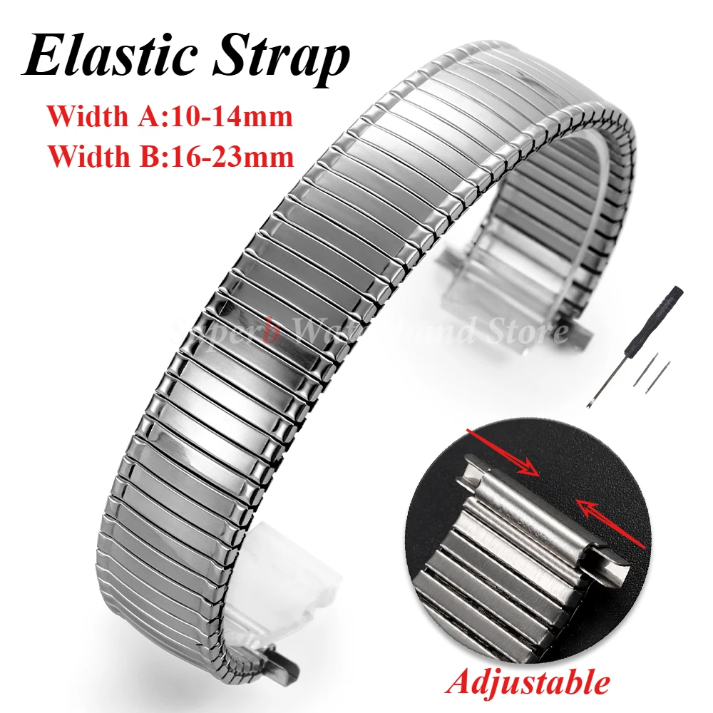 Correa de reloj de acero inoxidable, correa elástica de ancho ajustable, 10-14mm, 16-23mm de expansión, accesorios de pulsera plateados para hombres y mujeres