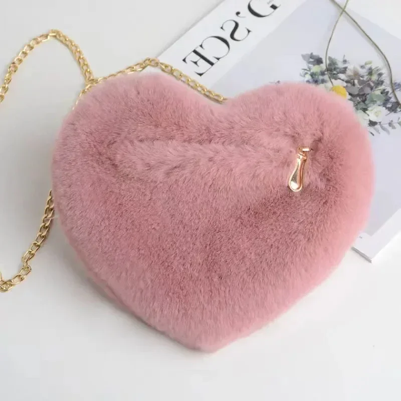 Fashion Women\'s Heart Shaped Handbags Cute Kawaii Faux Fur Crossbody Bags Wallet Purse Plush Chain Shoulder Bag Lady Handbag