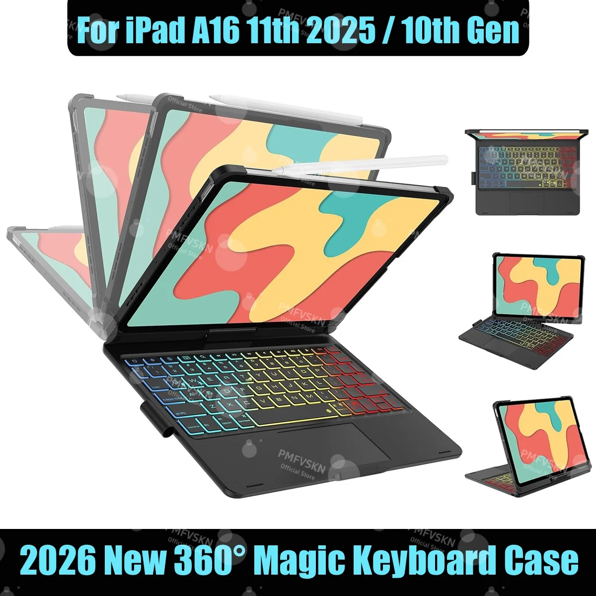 2026 New 360° Rotatable Bluetooth Magic keyboard Case For iPad A16 11th Generation 2025, 10th Gen 2022 Backlit Wireless Cover