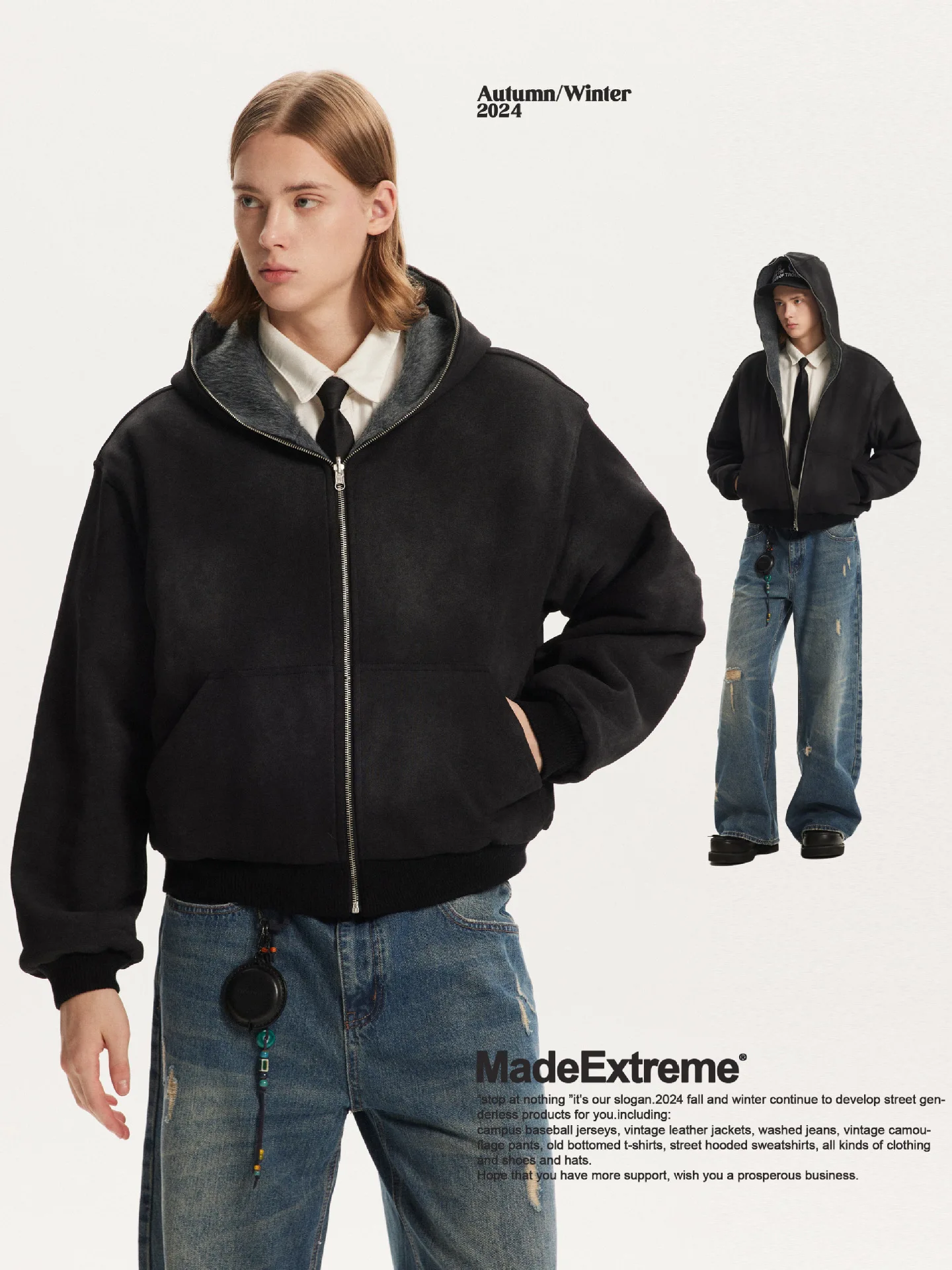 MADE EXTREME Reversible Coat Vintage Street Wear Wool-blend Zip-up Thickened Jacket for Men