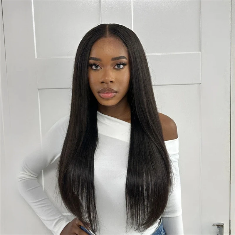 Natural Black Silky Straight Lace Front Wig 26Inch 180Density For Black Women With Baby Hair Glueless Synthetic Preplucked Daily