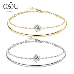 2024 Trend 1CT Round Moissanite Single Stone Bracelet 925 Sterling Silver Chain Double-layered Bangle Women's Charm Jewelry Gift