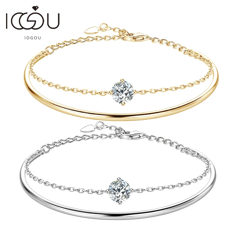 2024 Trend 1CT Round Moissanite Single Stone Bracelet 925 Sterling Silver Chain Double-layered Bangle Women's Charm Jewelry Gift