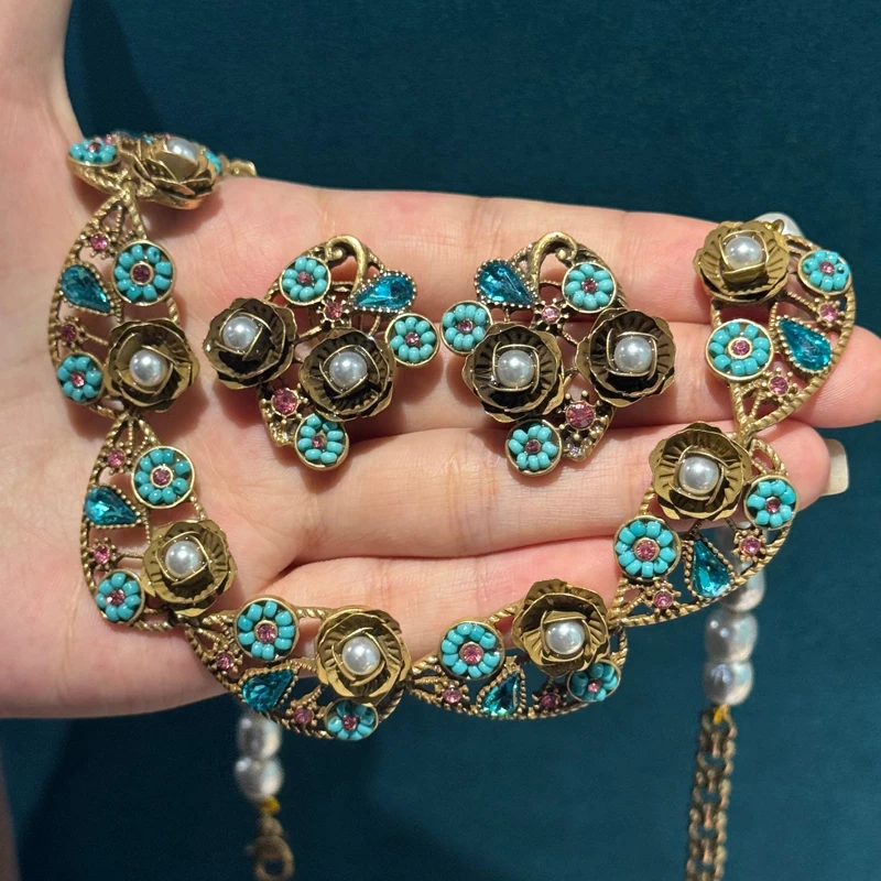 set-di-gioielli-vintage-in-turchese-blu-con-collana-di-perle-quadrate-e-orecchini-a-perno-per-donne-regalo-di-lusso-di-design-di-dubai-nuovo