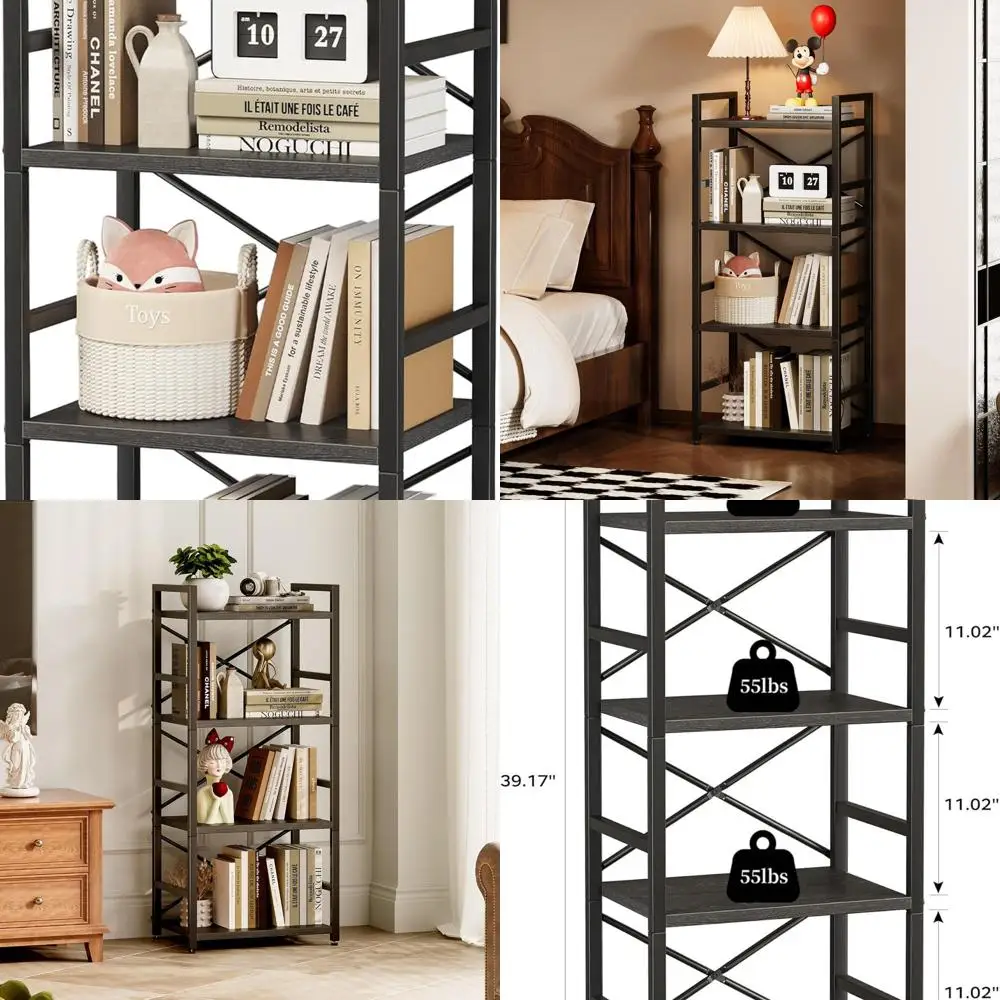 

Compact 4-Tier Metal Bookshelf - Sleek Black Storage for Home, Office, and Bedroom