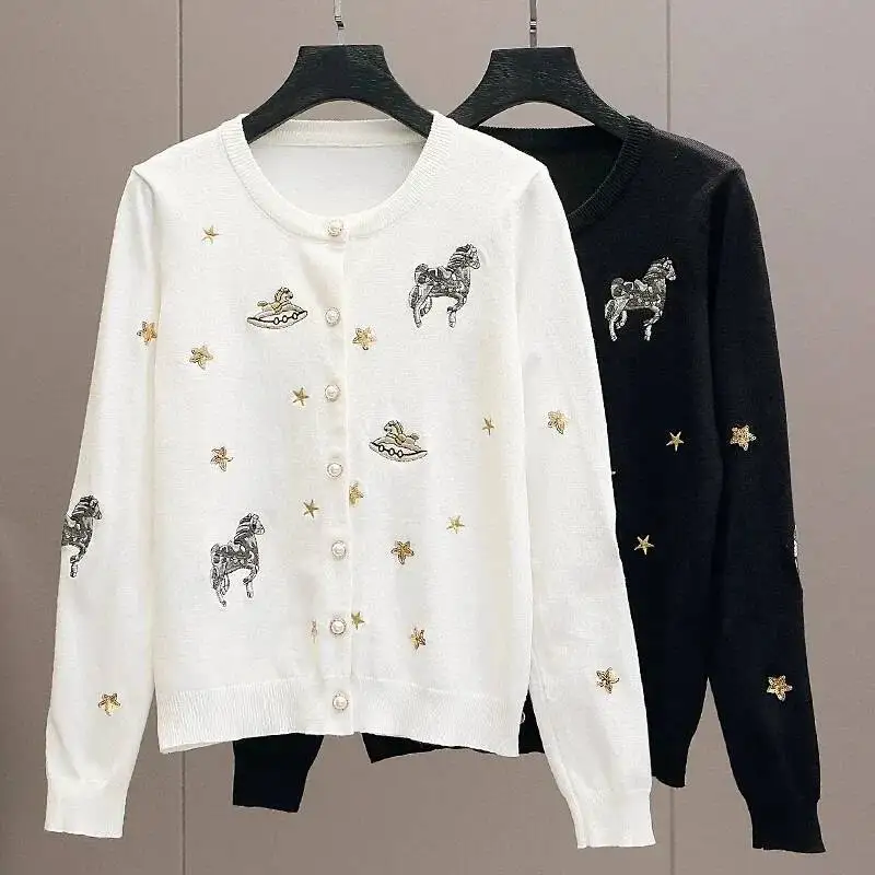 Women Sweater Autumn New Long Sleeve Femme Knitwear Mujer Cardigan Leisure Jacket Bee Flower Embroidery Top Jumpers