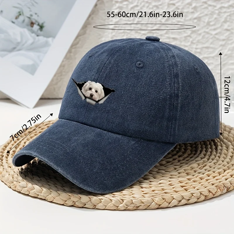 1pc Women's Cartoon Hole-Punched White Dog Print Accessories Washed Baseball Cap Unisex Dad Hat Soft Top Outdoor Curved Brim Hat