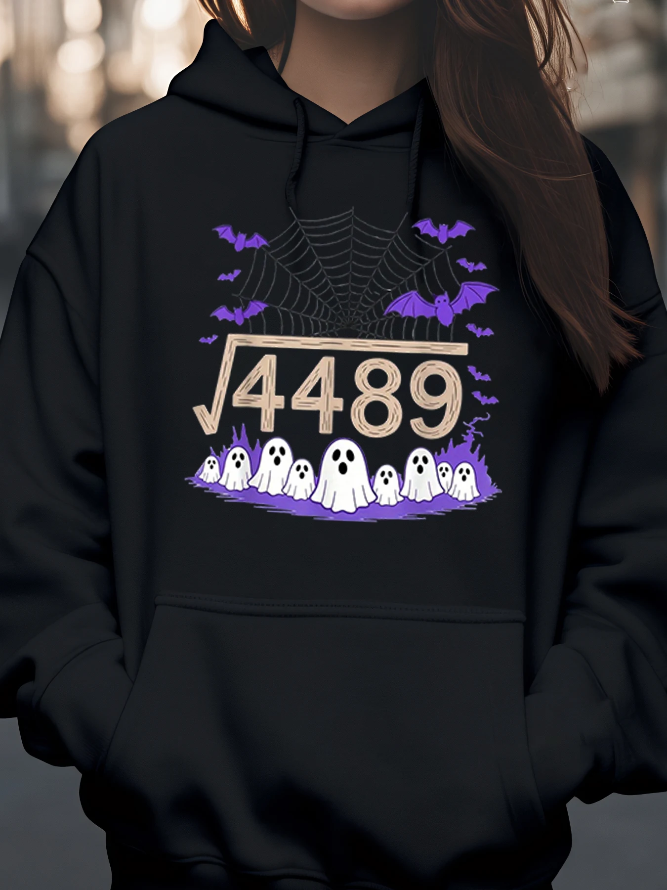 

Квадратный корень 4489, толстовка с принтом призраков и летучих мышей на Хэллоуин для женщин, повседневная одежда, наряд для вечеринки