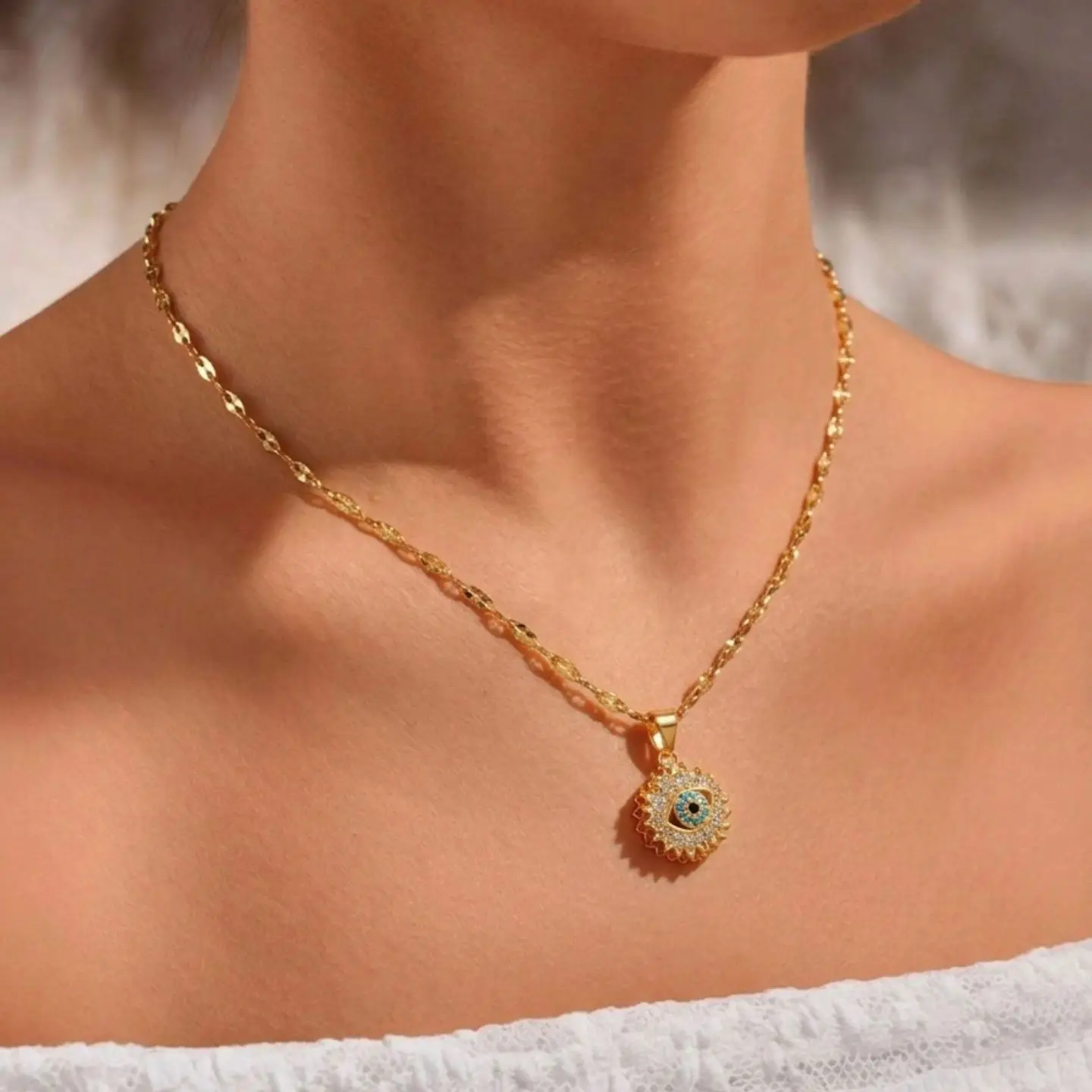 Colorful Devil's Eye Rotating Cross Border Diamond Set Zircon Simple Fashion Blue Eye Pendant Necklace Ring Set