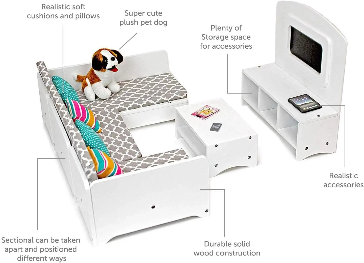 Furniture Couch for Doll House with Living Room Accessories, TV & Pets - Wood Set - Fit 14-18in Girl Toys, Multiple Choices