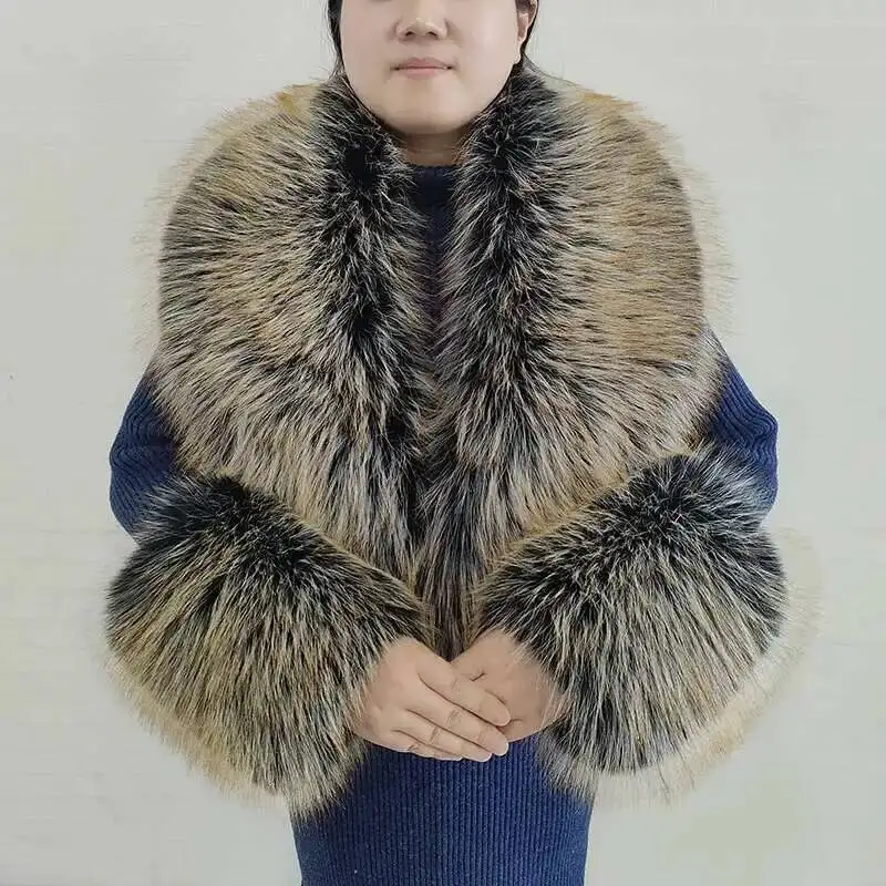 Female Faux Fur Shawl Winter Warm Fashion Luxury Men Coat Fur Collar And Cuff Set Natural Neck Warmer Wrap Scarves For Ladies