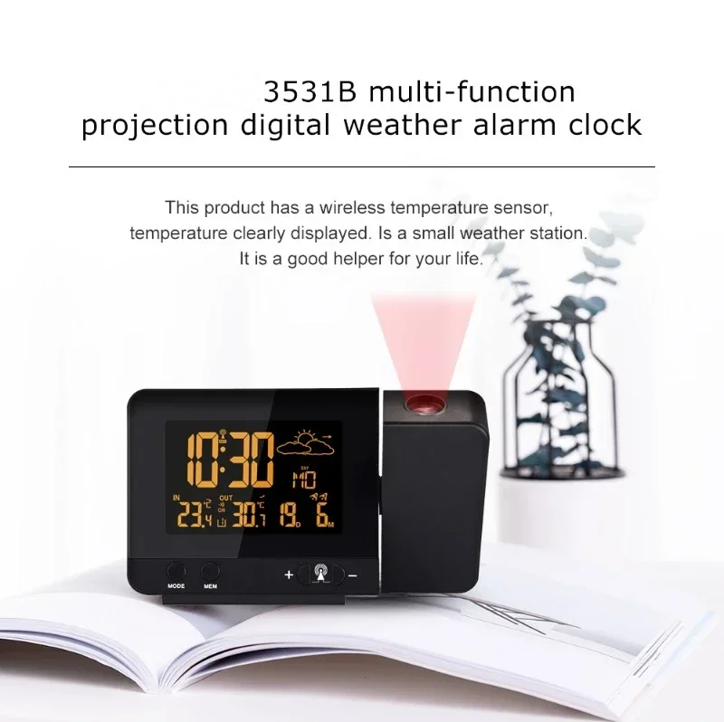 3531B Weather Station 8 Color Screen Projection Alarm Clock Weather Forecast Snooze Clock Indoor Outdoor Temperature Weather