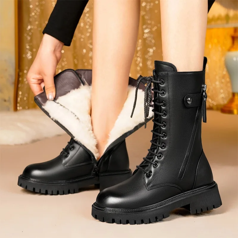 DRKANOL 2024 Genuine Leather Mid Calf Boots Women Warm Wool Boots Street Style Thick Heel Platform Shearling Motorcycle Boots