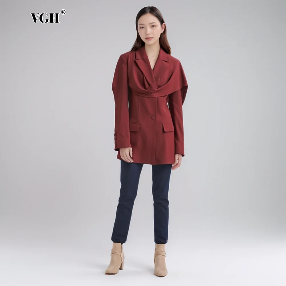 VGH Patchwork Folds Tunic Solid Blazer For Women Notched Collar Long Sleeve Spliced Button Minimalist Slim Blazers Female New