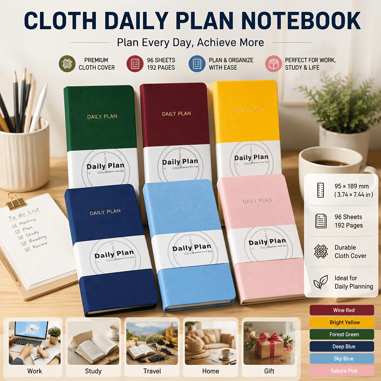 Luxury Cloth Wrapped Cover Daily Plan Notebook 96 Sheets Inner Paper for Office School Work Academic Study Trip Journaling Gift