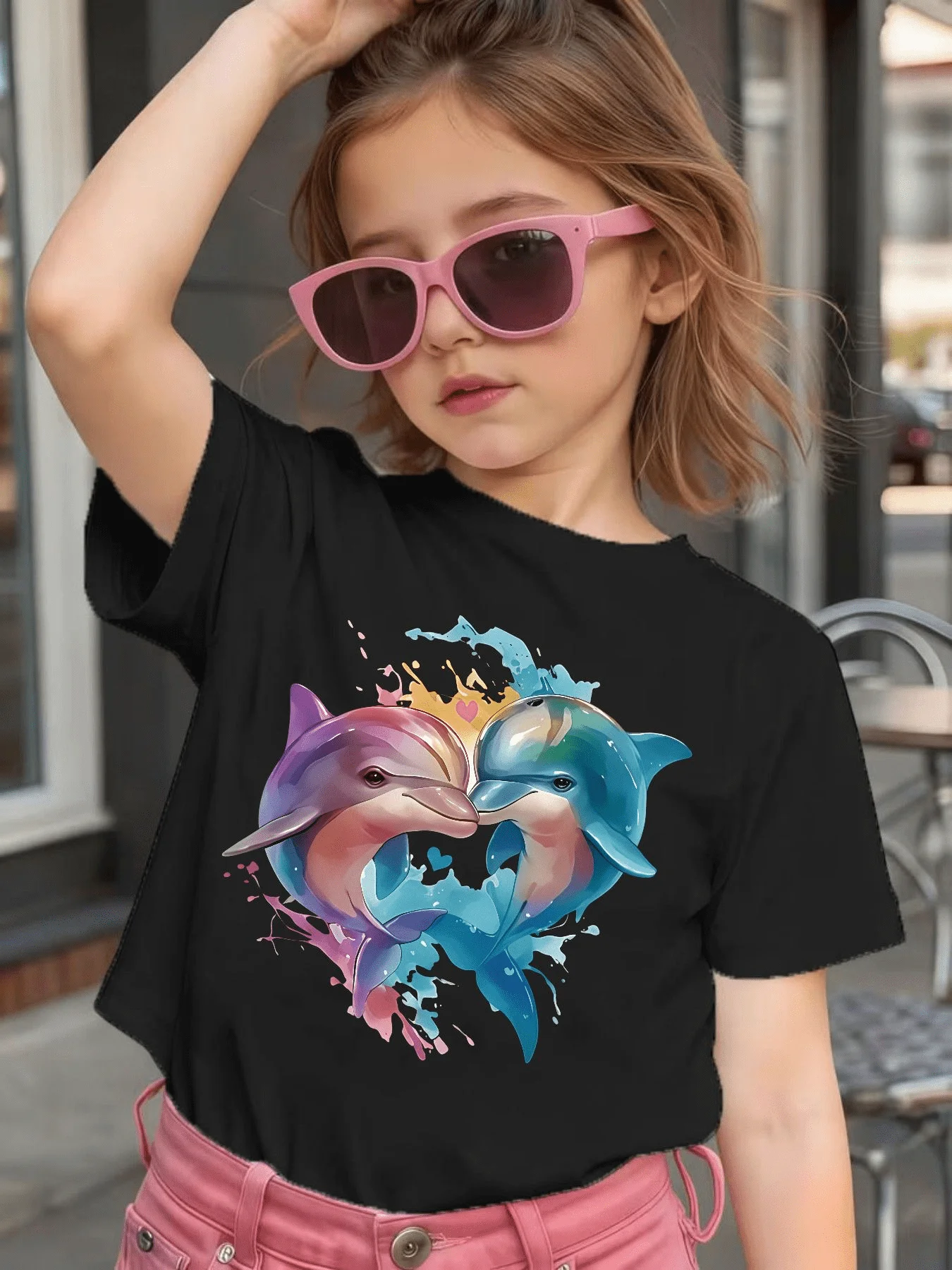 Watercolor Heart Dolphin Splash Print T Shirt Boy Girls Family Match Cotton Short Sleeve Summer Children Casual Basic Daily Wear