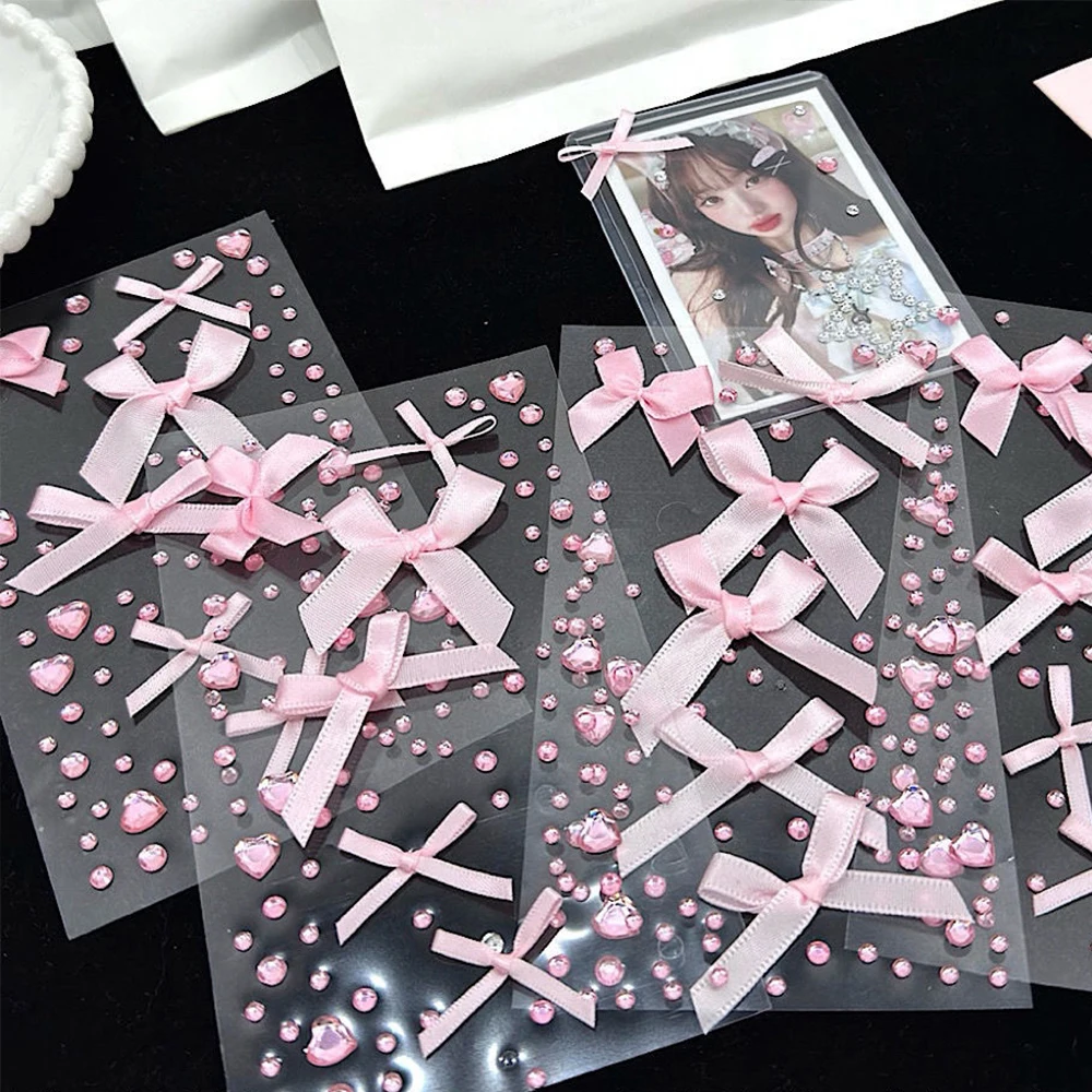 

1 шт. 3D розовые наклейки с кружевным бантом и кристаллами «сделай сам» Kpop Toploader Deco наклейки для камеры наклейки со стразами подарки
