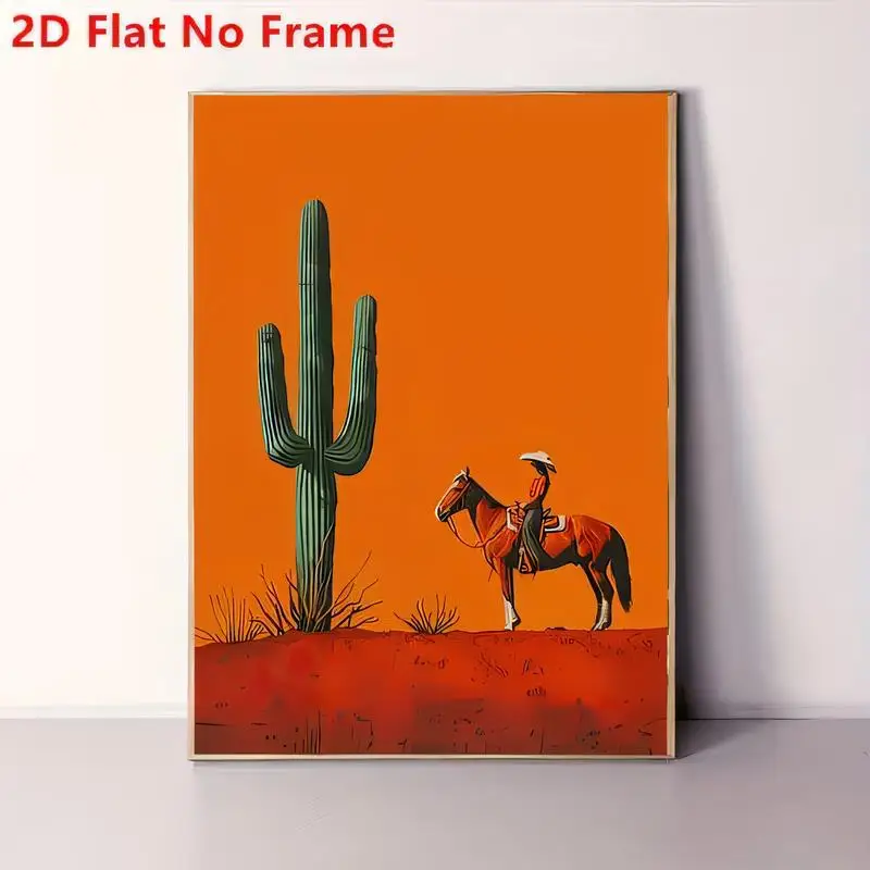 2D Flat No Frame, Cactus & Cowboy on Horse Western Desert Wall Art - Vibrant Orange Red Green, Minimalist Design, Printed Decor