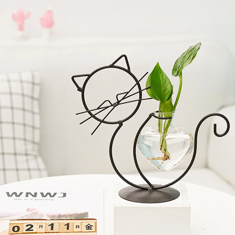 Insta-Style Cat Shape Hydroponic Vase Creative Tabletop Decoration In Living Room Simple Metal Support Hydroponic Containers