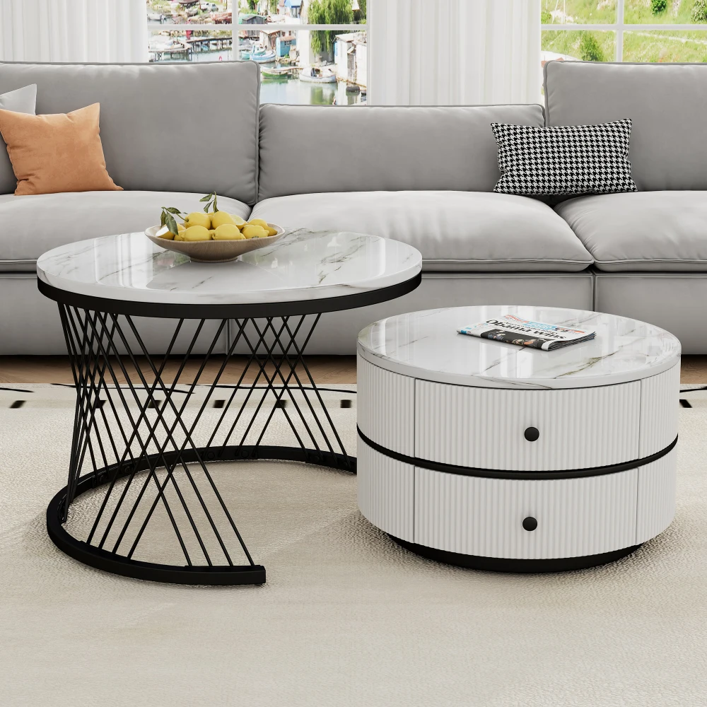 2-częściowy biały zestaw stolików kawowych, okrągły stół o wysokim połysku, imitujący marmur, łączony stolik kawowy.