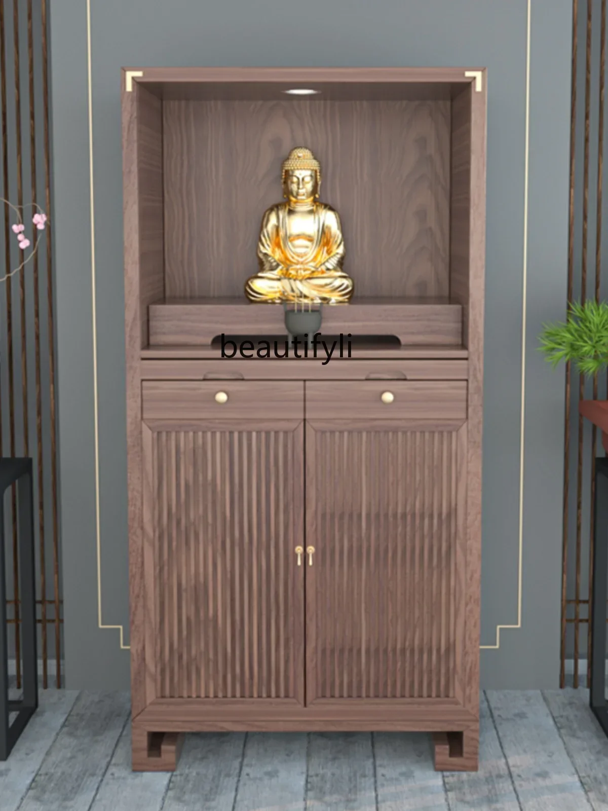 

lt Solid Wood Shrine with Door Home New Chinese Style Simple and Light Luxury Buddha Cabinet God of Wealth Altar Clothes Closet