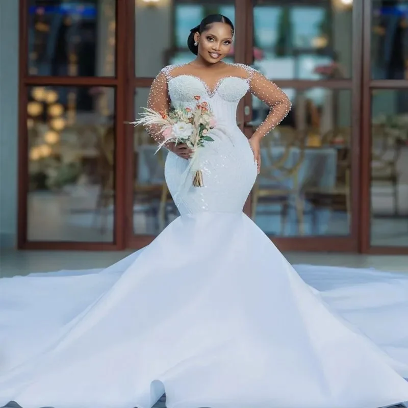 

Customized Two Ways Wedding Dresses Bridal Gowns For Bride Mermaid Marriage Dress Sheer Neck Long Sleeves Beaded Lace Detachable