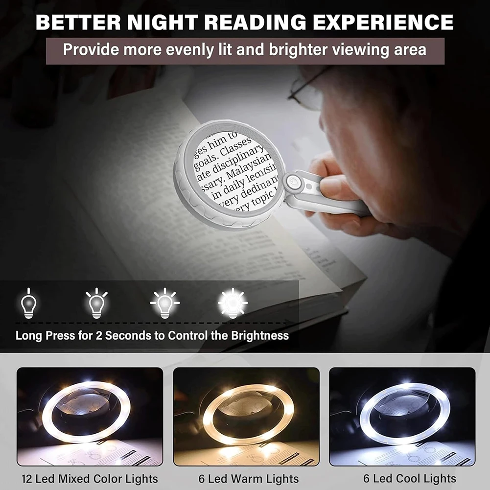 Handheld Magnifying Glass with 12 LED Lights, 3 Modes Dimmable Illuminated Lighted 30X Magnifier for Close Work and Reading