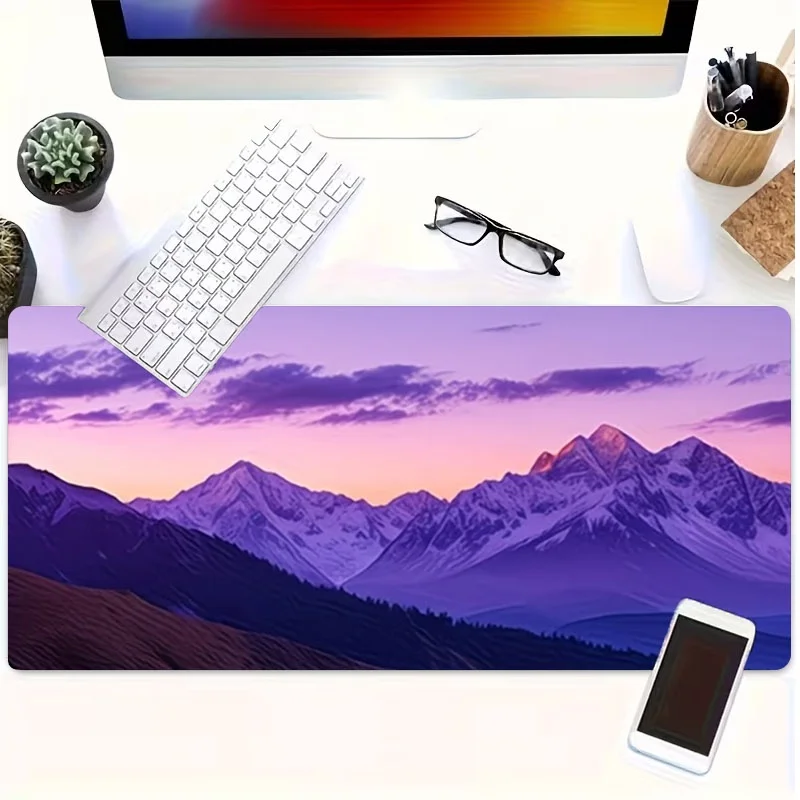 Majestic Dusk Mountain Range Print Rubber Desk Mat Soft NonSlip Rubber Desktop Pad with Snow-Capped Peaks & Twilight Sky Pattern