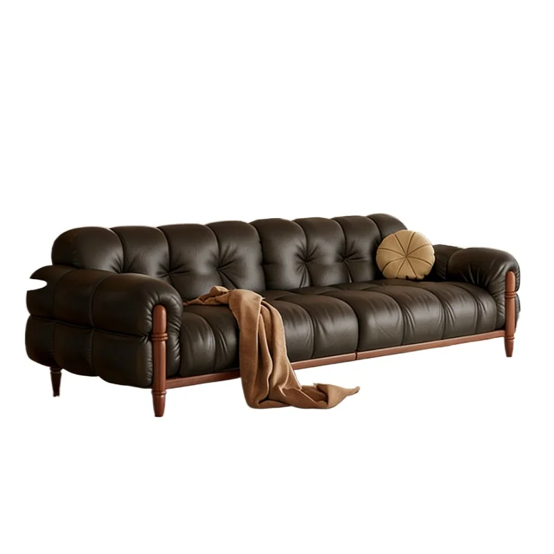 Retro leather sofa, piano keys straight row living room French medieval black first layer cowhide