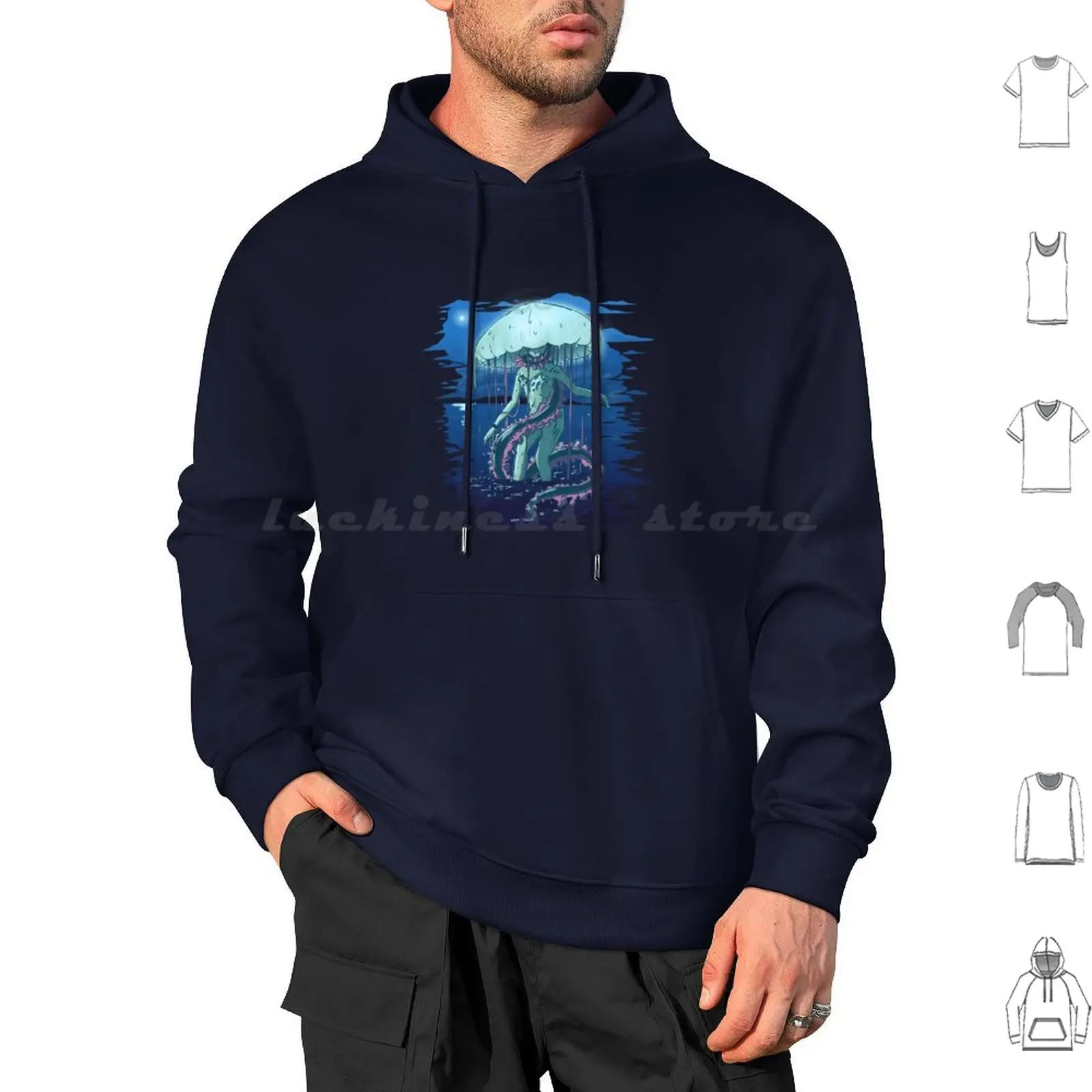 Rise Hoodies Long Sleeve Jellyfish Jelly Moon Mermaid Lake Night Yokai Spirit Sfw Siren Creepy Eerie Knusktorr Oc Shore