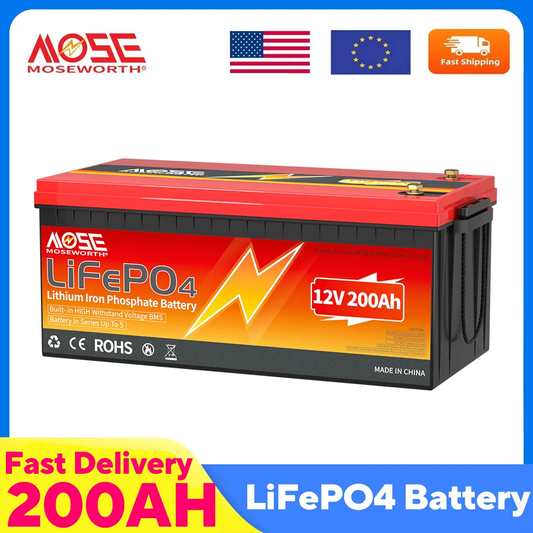 

MOSEWORTH 12V 200Ah LiFePO4 Lithium Battery 2560Wh Built-in 200A BMS 10000+ Cycles 10-Year Lifespan Rechargeable RV Solar Camper