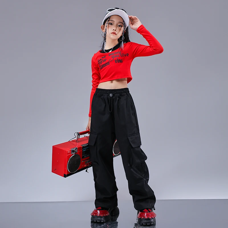 Kids Kpop Outfits Hip Hop Clothing Red Crop Sweatshirt Casual Sweat Pants Streetwear For Girl Boy Jazz Dance Costume Clothes