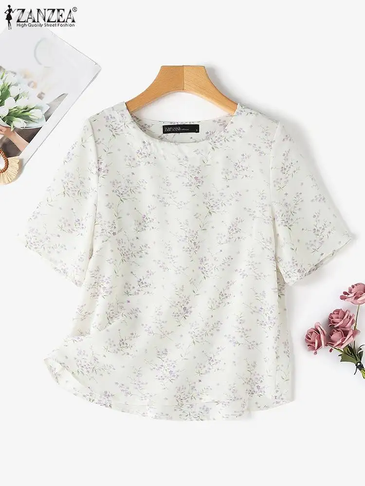 Women Summer Tops ZANZEA Bohemain Floral Blouse Elegant Short Sleeve Casual Shirt Fashion Work Holiday Blusas Female Chemise