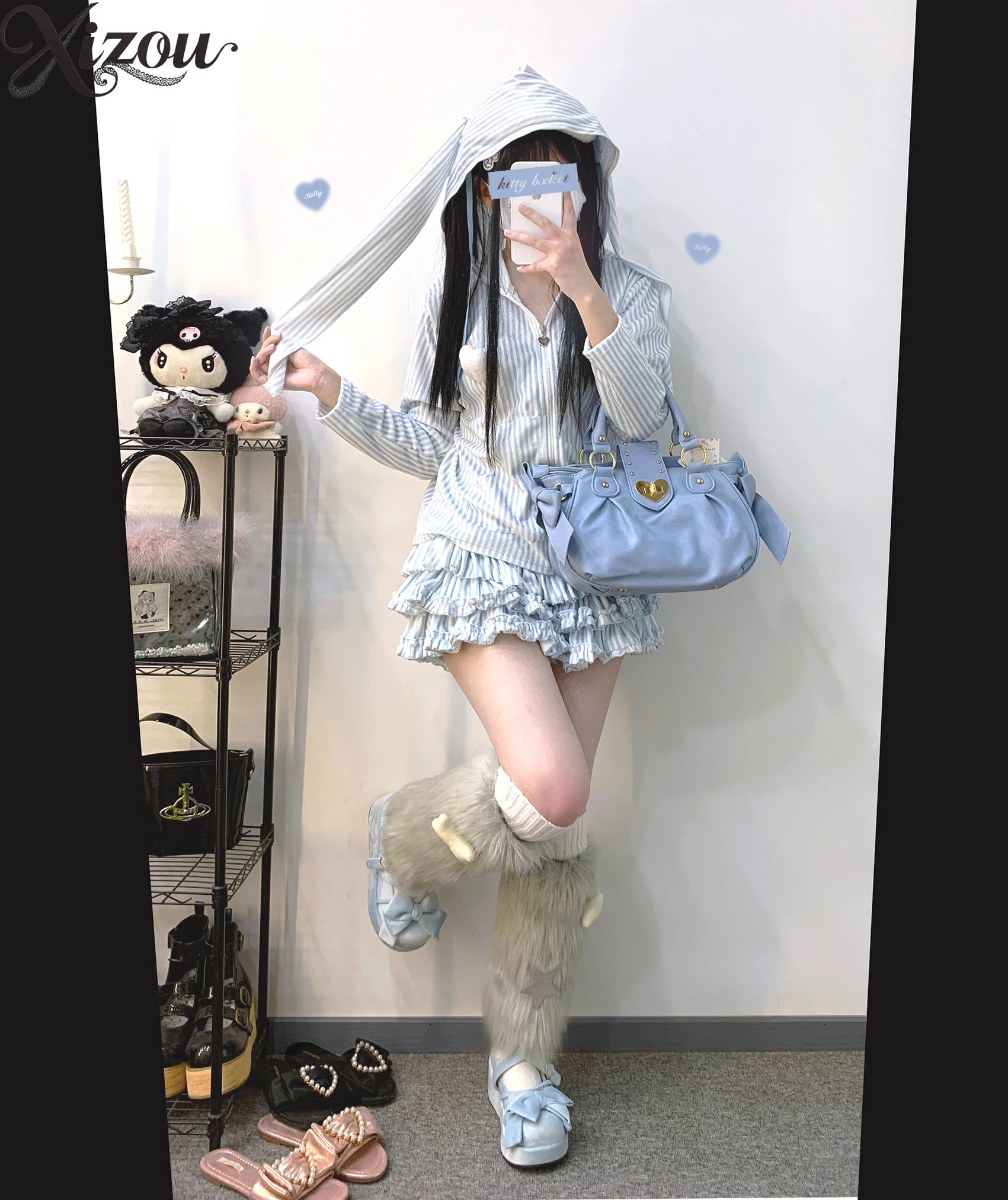 2025 سلسلة الألغام اليابانية مجموعة مخططة الطبية مقنعين زمم البلوز كعكة تنورة JK تأثيري آذان أرنب Y2K الزي الحلو الصيف #2