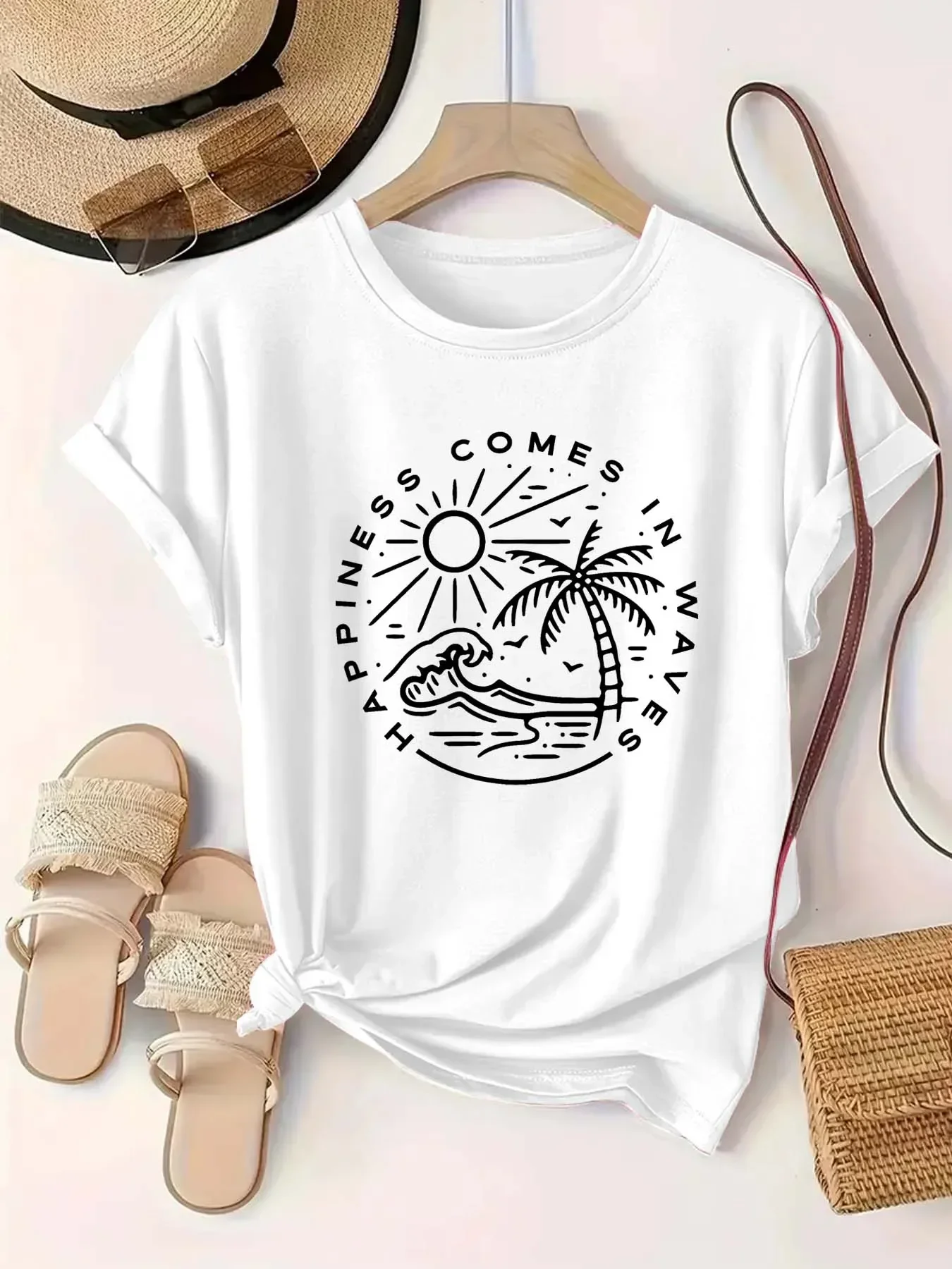 

Camiseta de manga corta con estampado temático de playa con cuello redondo Tops casuales de moda de verano