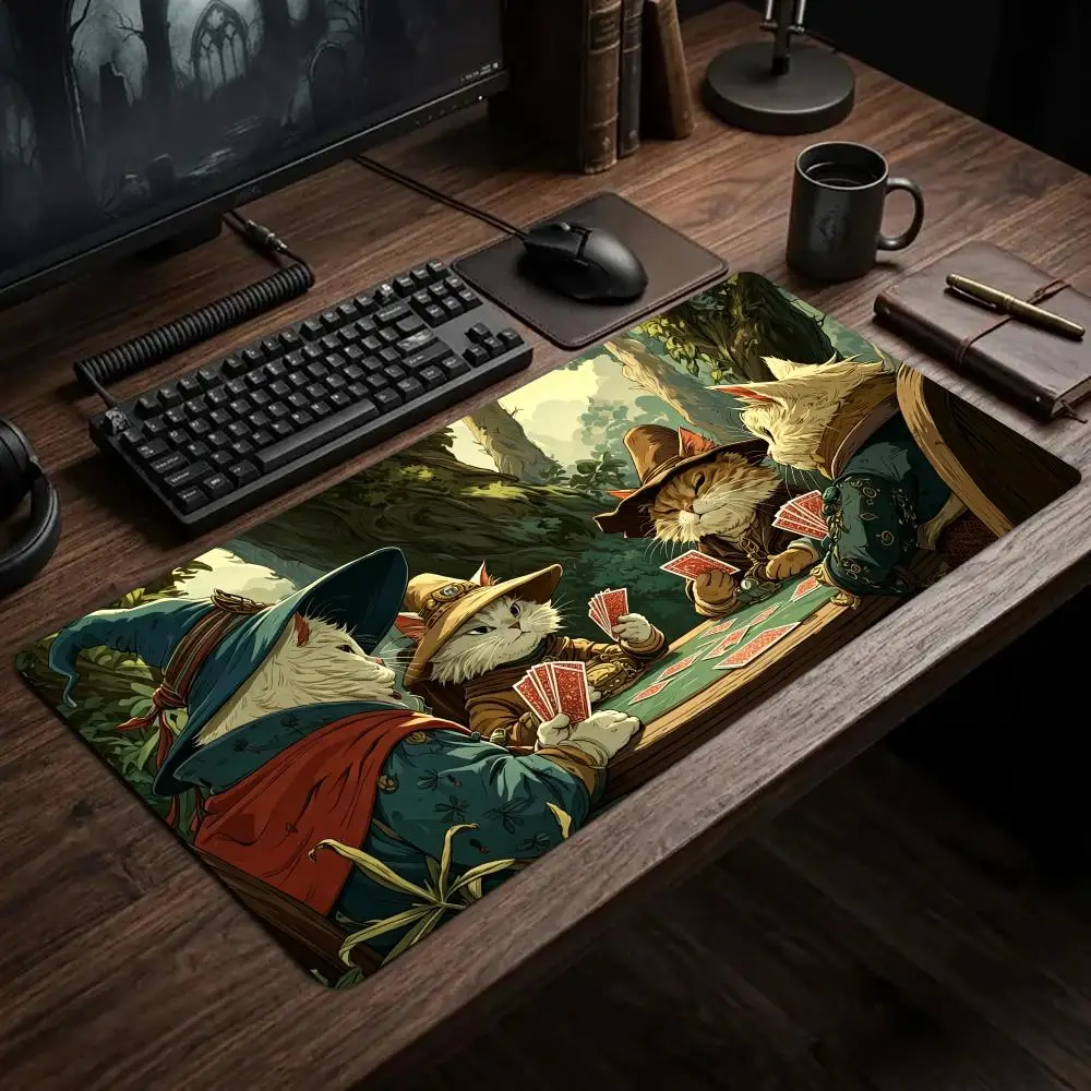 Wizard Cats Playing Poker Mouse Pad Large Gaming Mats Setup Playmat Office Desk Accessories Carpet Rug Desk Mat Mousepad Speed
