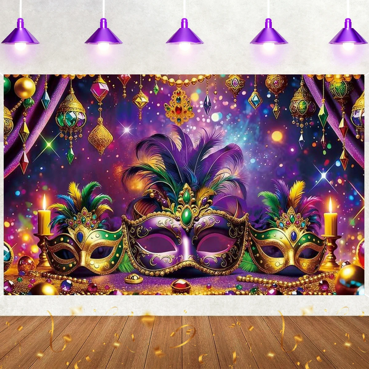 Mardi Gras Backdrop Masquerade Party Decorations Purple Gold Mask Dancing Party Photography Background for Mardi Gras Carnival