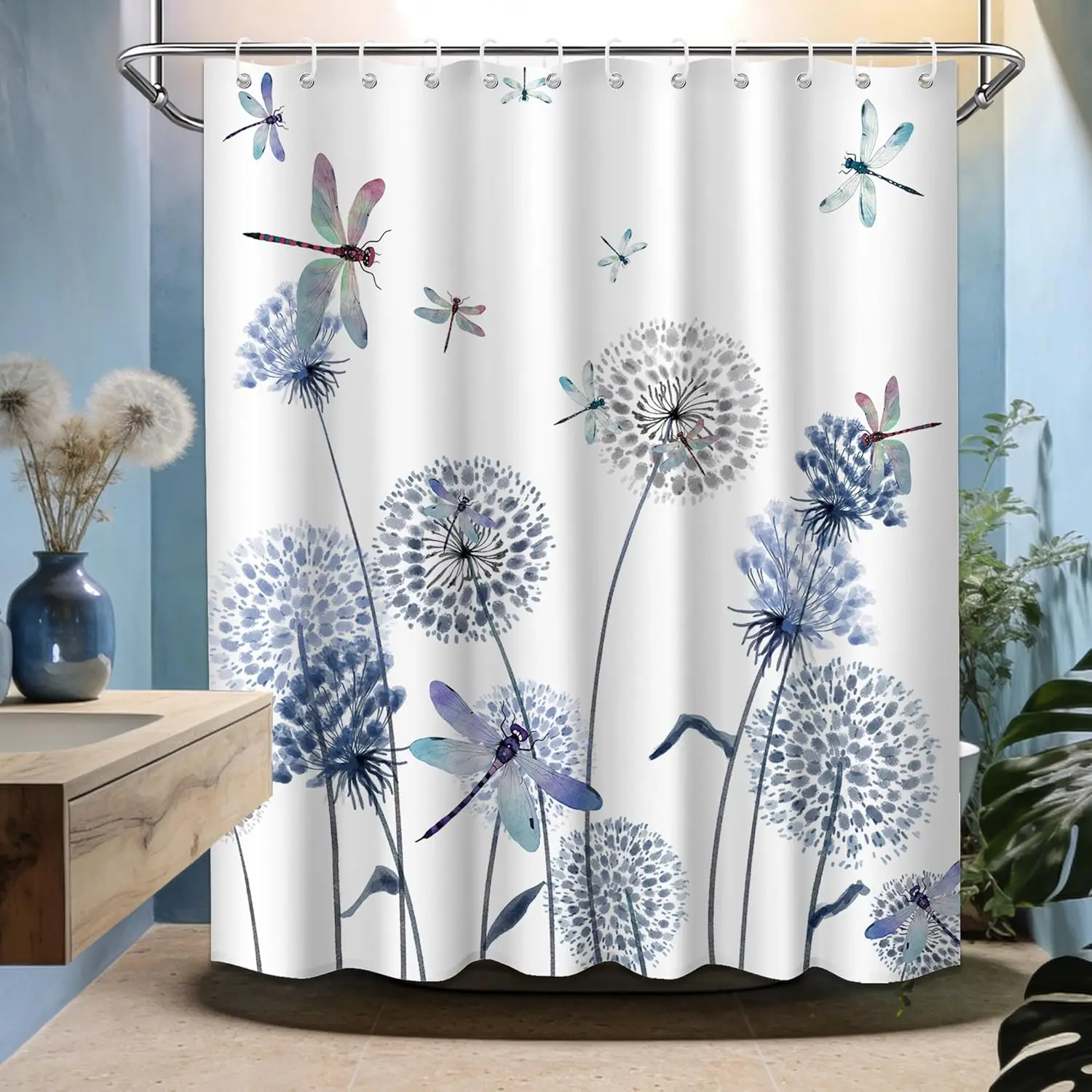 Dandelion and Dragonfly Shower Curtain Watercolor Flowers Bathroom Decor Delicate Insect Bath Curtain for Home Decoration