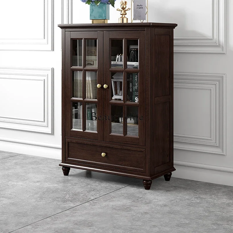 

FG10*American light luxury solid wood ash wood double door side hall cabinet living room furniture glass storage cabinet