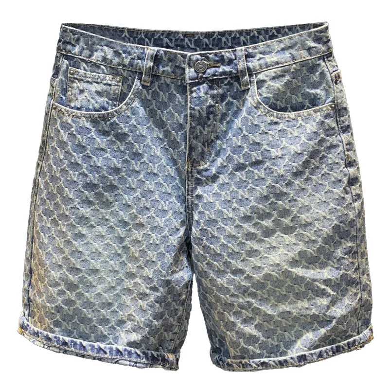 Jacquard denim shorts men's summer 2025 thin casual blue trendy brand loose design five quarter pants