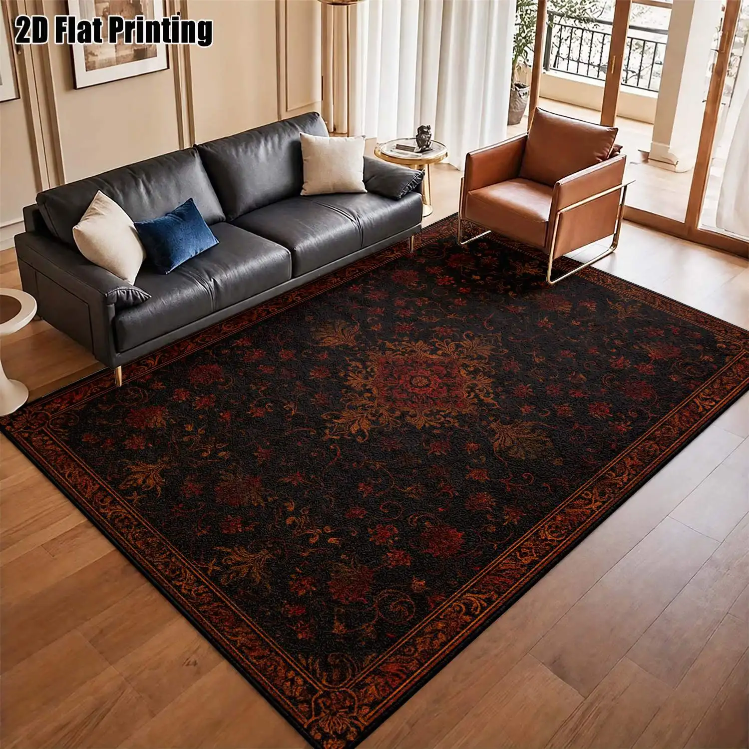 1Pc 2D Printed Retro Red-Black Floral Carpet: European Vintage Bohemian Geometric Pattern, Home Decor, Multi-Size, Machine Washable, for Entrance, Dining, Foyer, Bedroom, Living Room