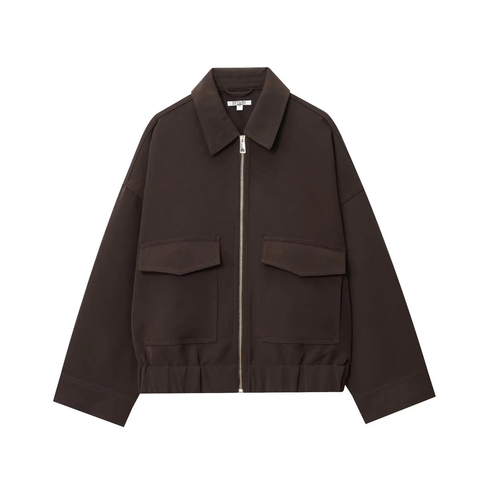 

Cross-Border Sle ort Zipper ket Flip Collar Jaet Coffee Color Women's Outerwear SF076-597 Pure Color Autumn Faion