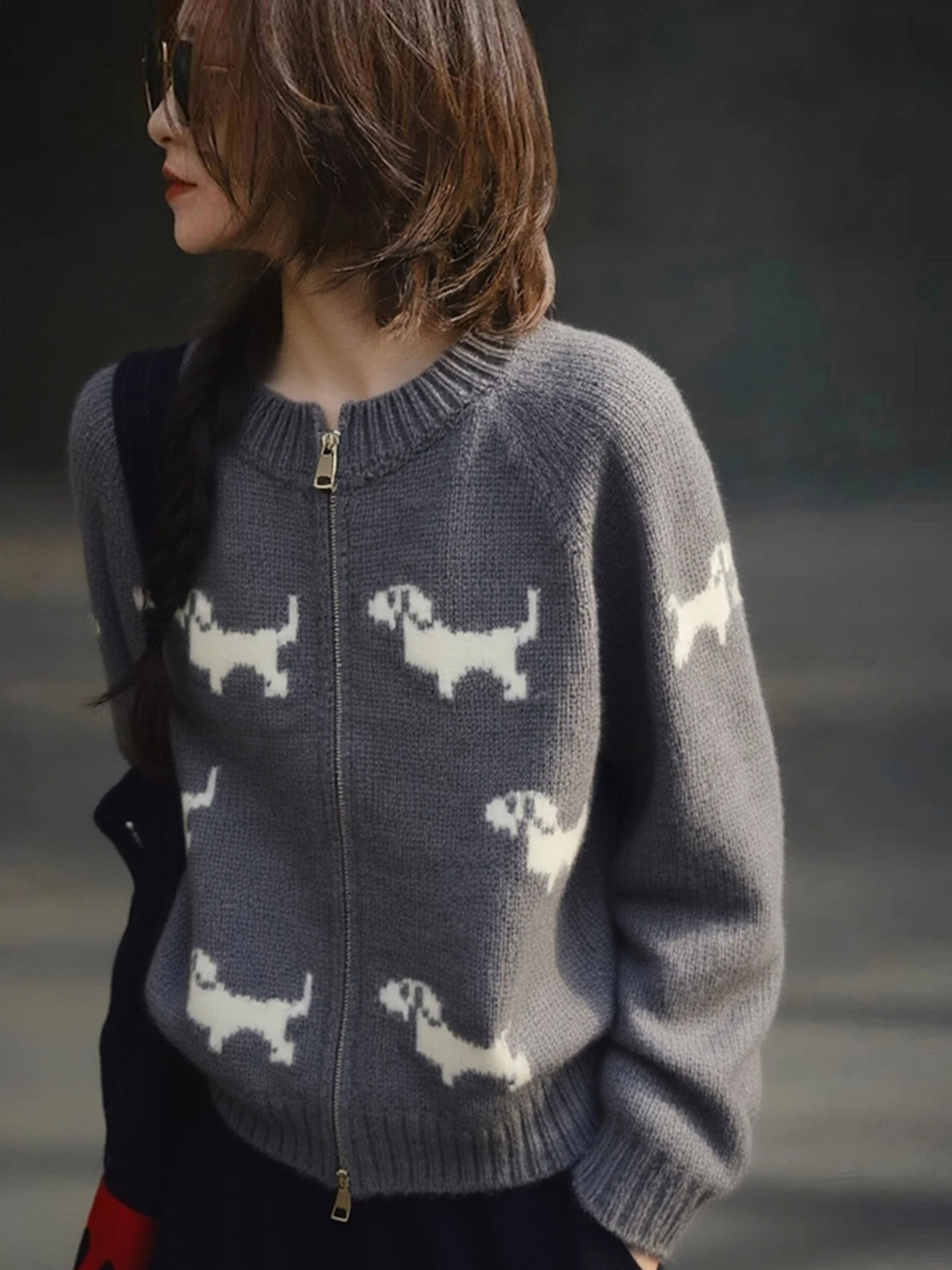 

High-End Korean Sle Zipper Cardigan Sweater Women's ey round Ne Long Sve Knitted Top Winter Faion Commute Warmth