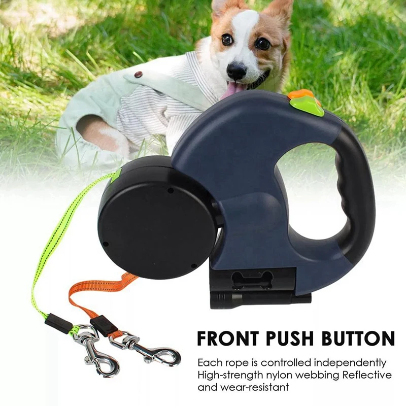 AS60-Auto Retractable Dual Dog Leash With Flashlight Waste Bag Box Roulette Double-Ended Traction Rope Pet Dog Supplies